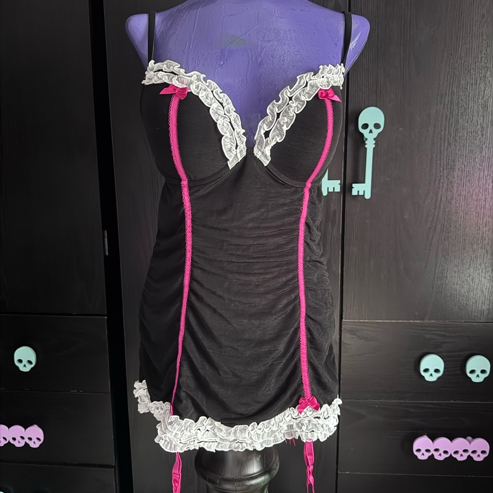 La SENZA Black Chemise with Pink and White Accents